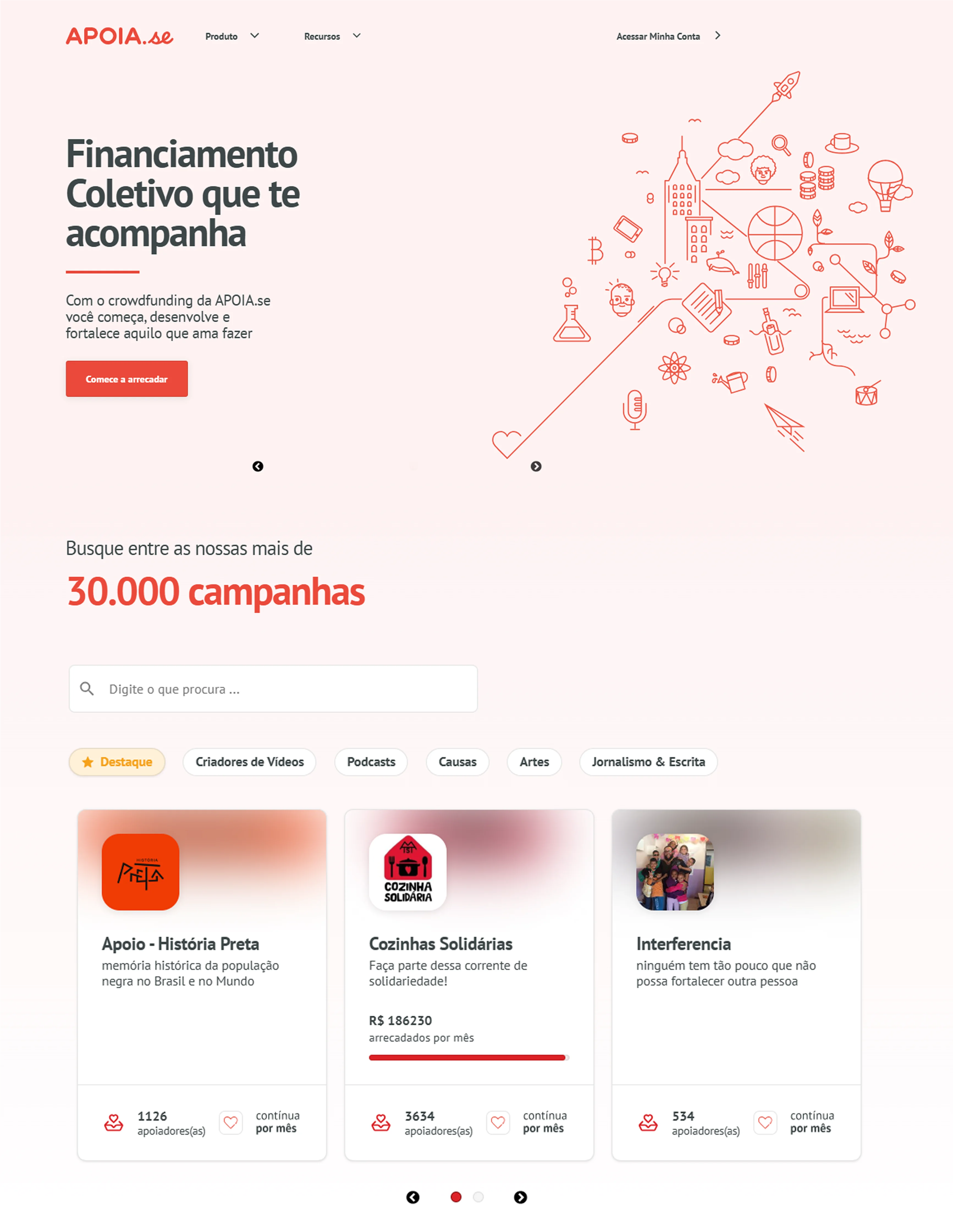 Apoia.se homepage on desktop — hero with the primary campaign creation CTA and featured campaigns