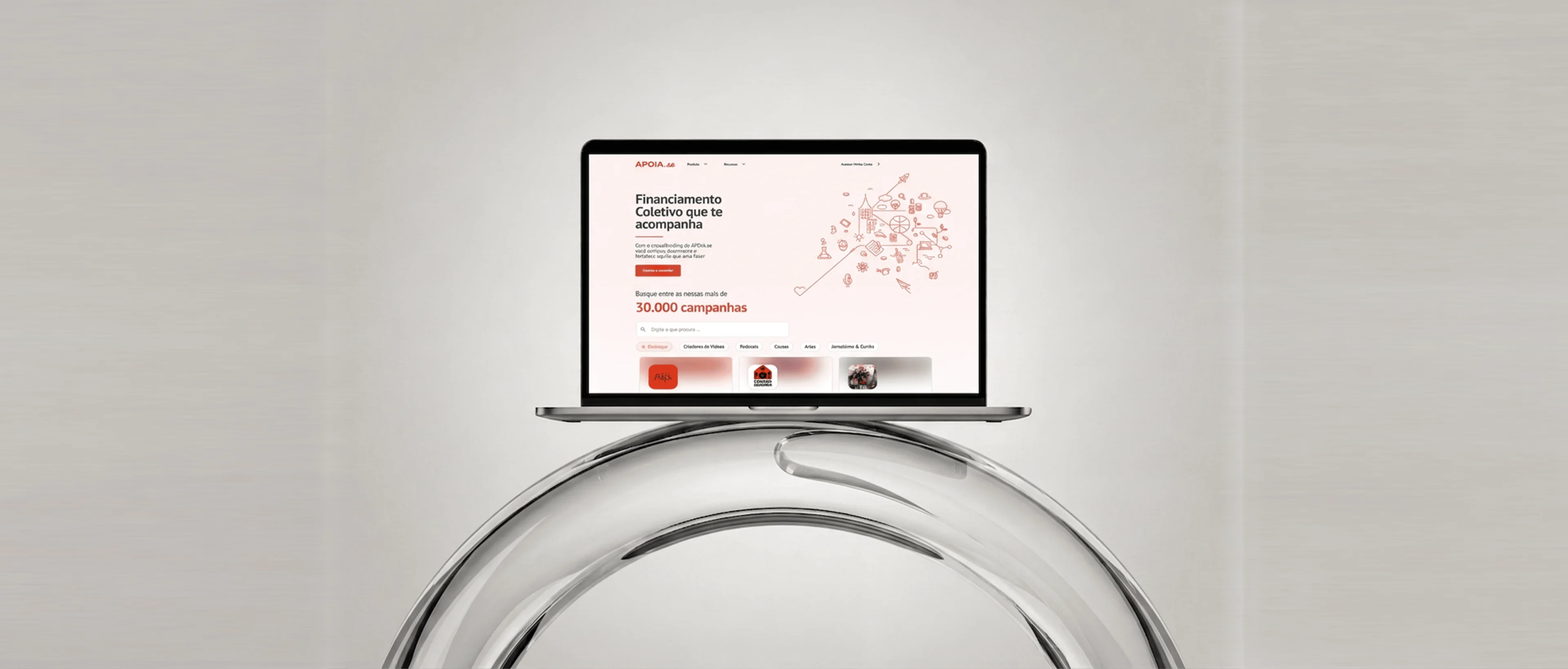 Apoia.se homepage redesign shown on laptop and mobile — B2B and B2C value proposition with the primary campaign creation CTA