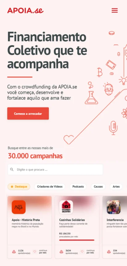 Apoia.se homepage on mobile — hero, campaign search and featured campaign cards