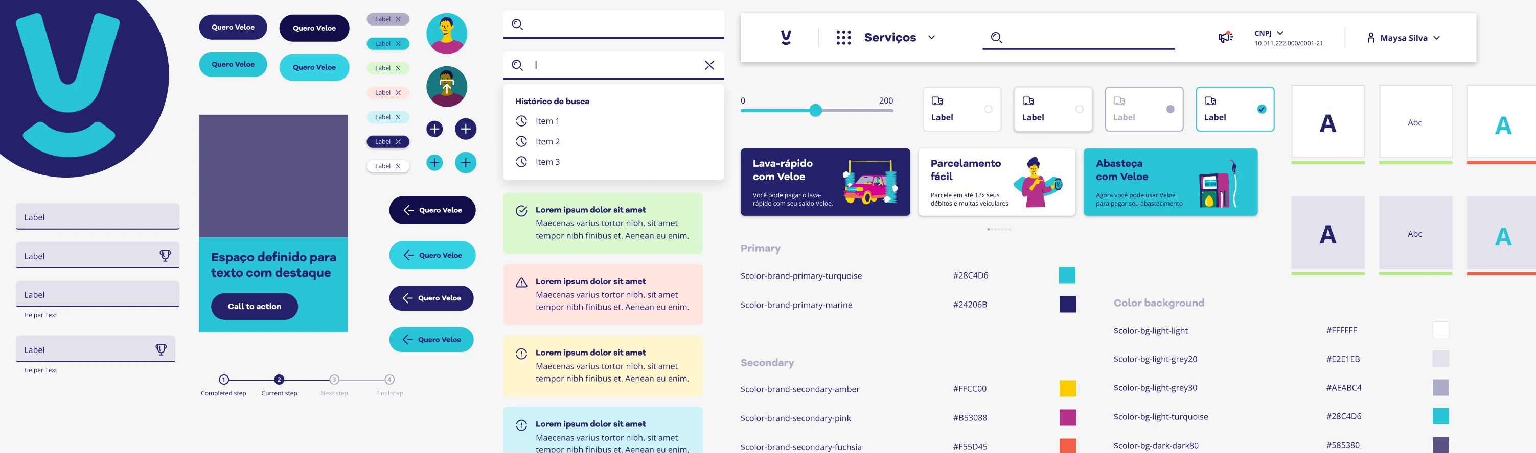 Veloe Design System library — buttons, form fields, chips, avatars, steppers, feedback messages, navigation bar, service cards and the color token palette