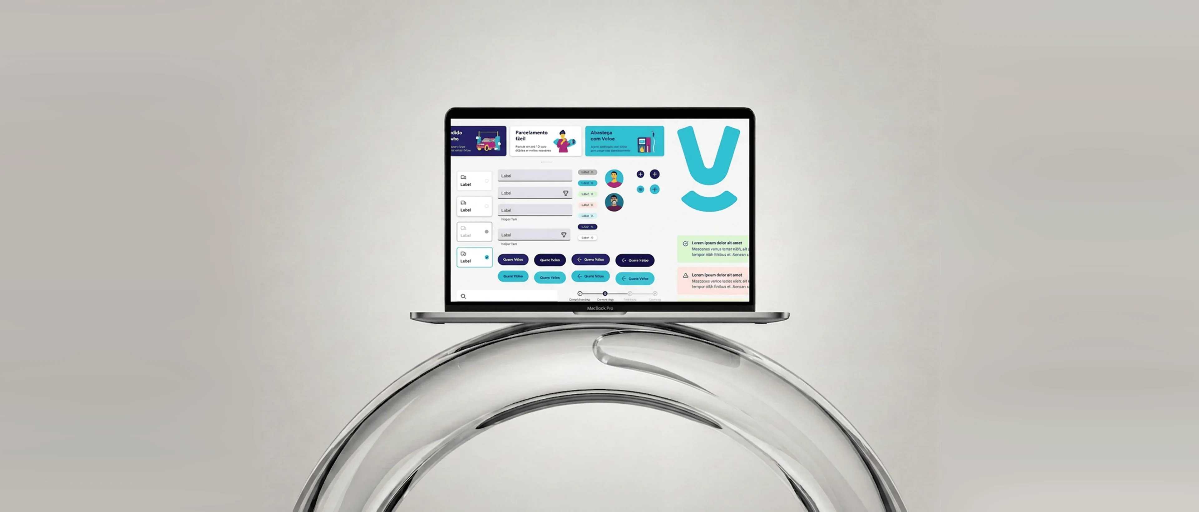 Veloe Design System components shown on a laptop — cards, form fields, buttons, chips, avatars and a step indicator from the shared library